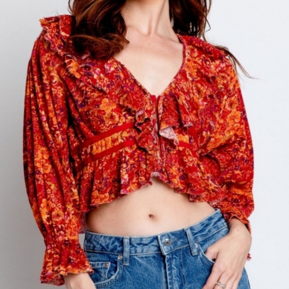 Free People Rudi Cropped Top Blouse Size Large NEW NWT Boho Floral